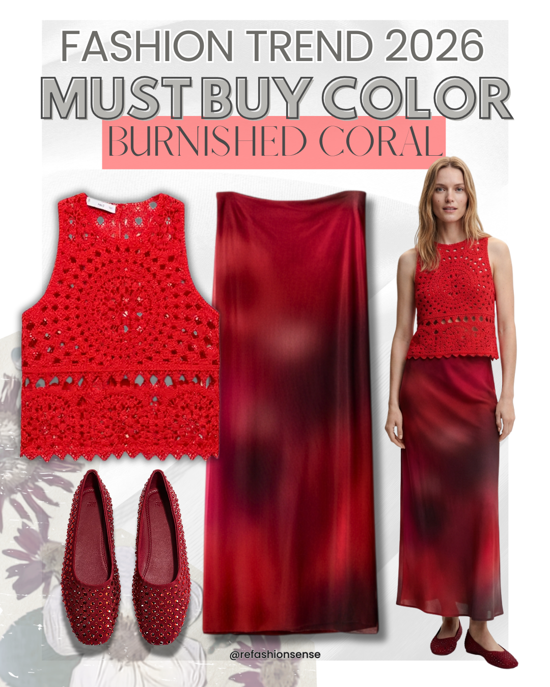 Fashion trend 2026 must buy color burnished coral clothing and accessories, including a crochet top, long skirt, casual shoes, and a woman wearing the crochet top and long skirt.