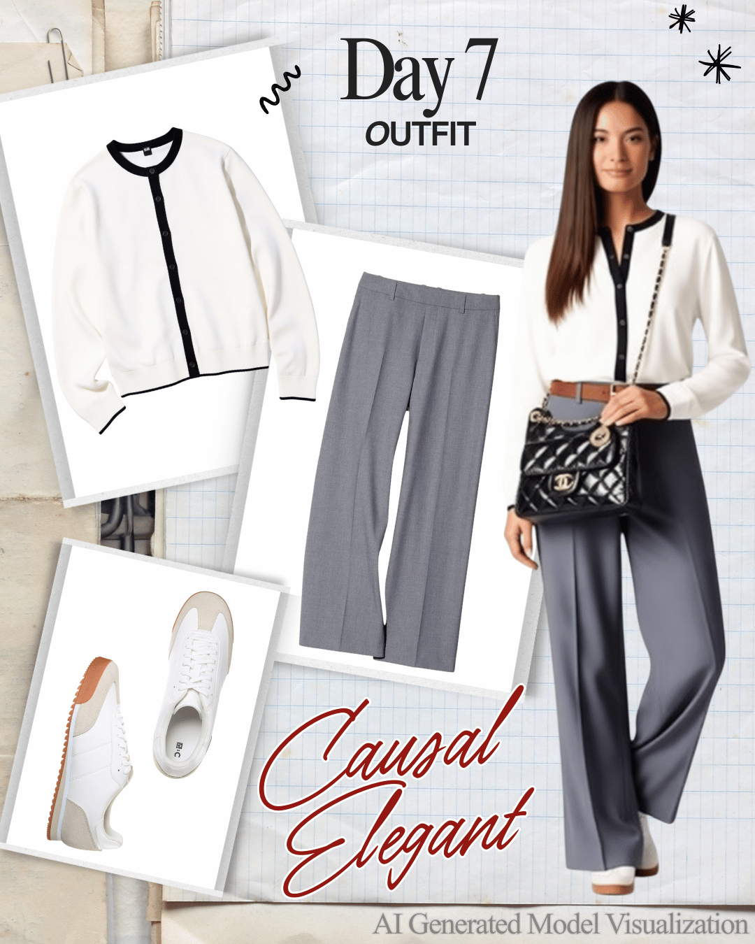A collage of fashion items including a white and black cardigan, gray dress pants, white sneakers, and a woman wearing a white blouse with black accents, gray wide-leg pants, and a quilted black purse, labeled as Day 7 Outfit casual elegant.