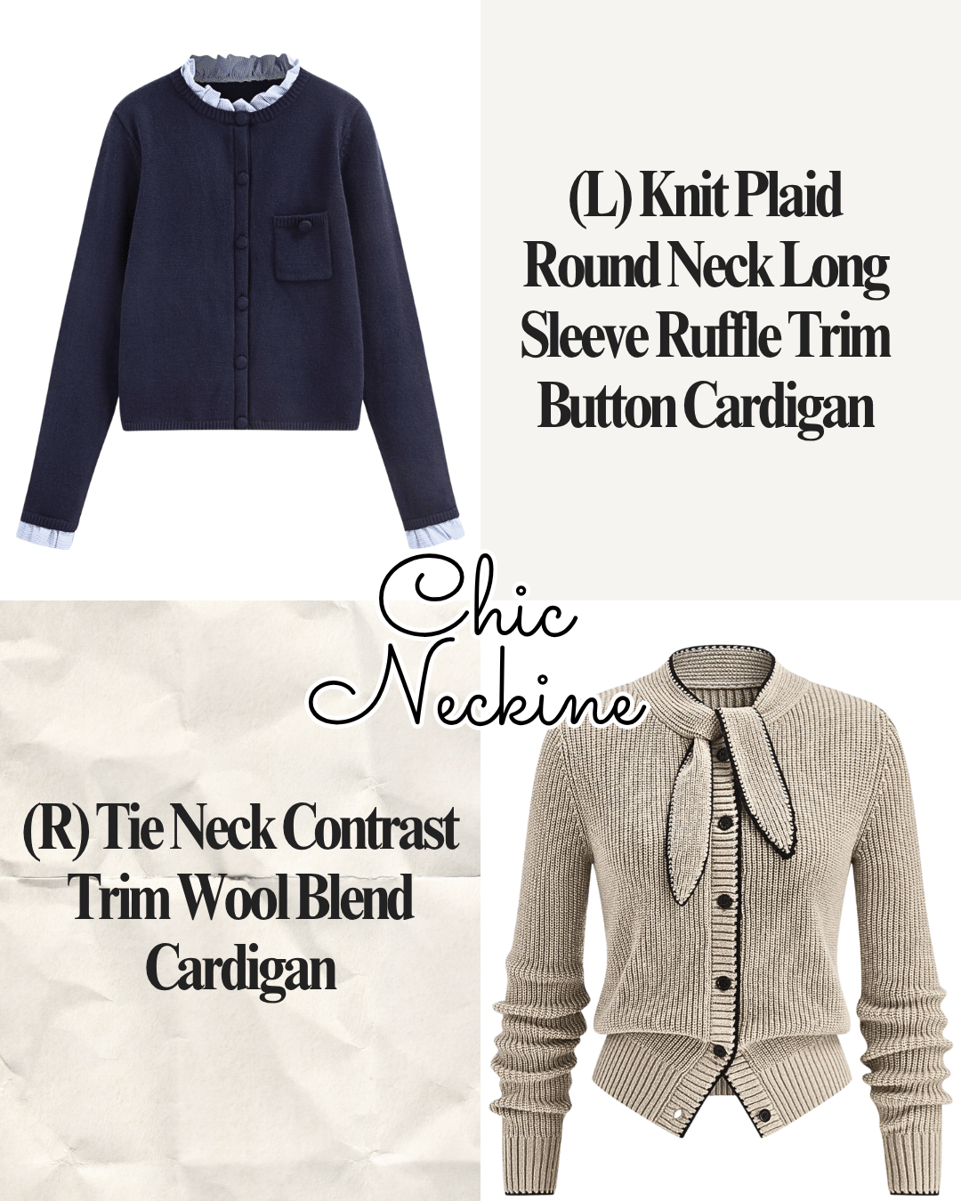 Two chic knit cardigans, one navy with a round neck and ruffle trim, the other beige with a tie neck and contrast trim, displayed on a split background with text describing each style.