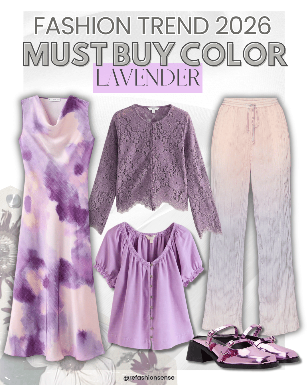 Fashion trend 2026 lavender-themed clothing including a sleeveless tie-dye dress, a lace lavender jacket, a lavender button-up blouse, cream-colored wide-leg pants, and metallic lavender shoes.