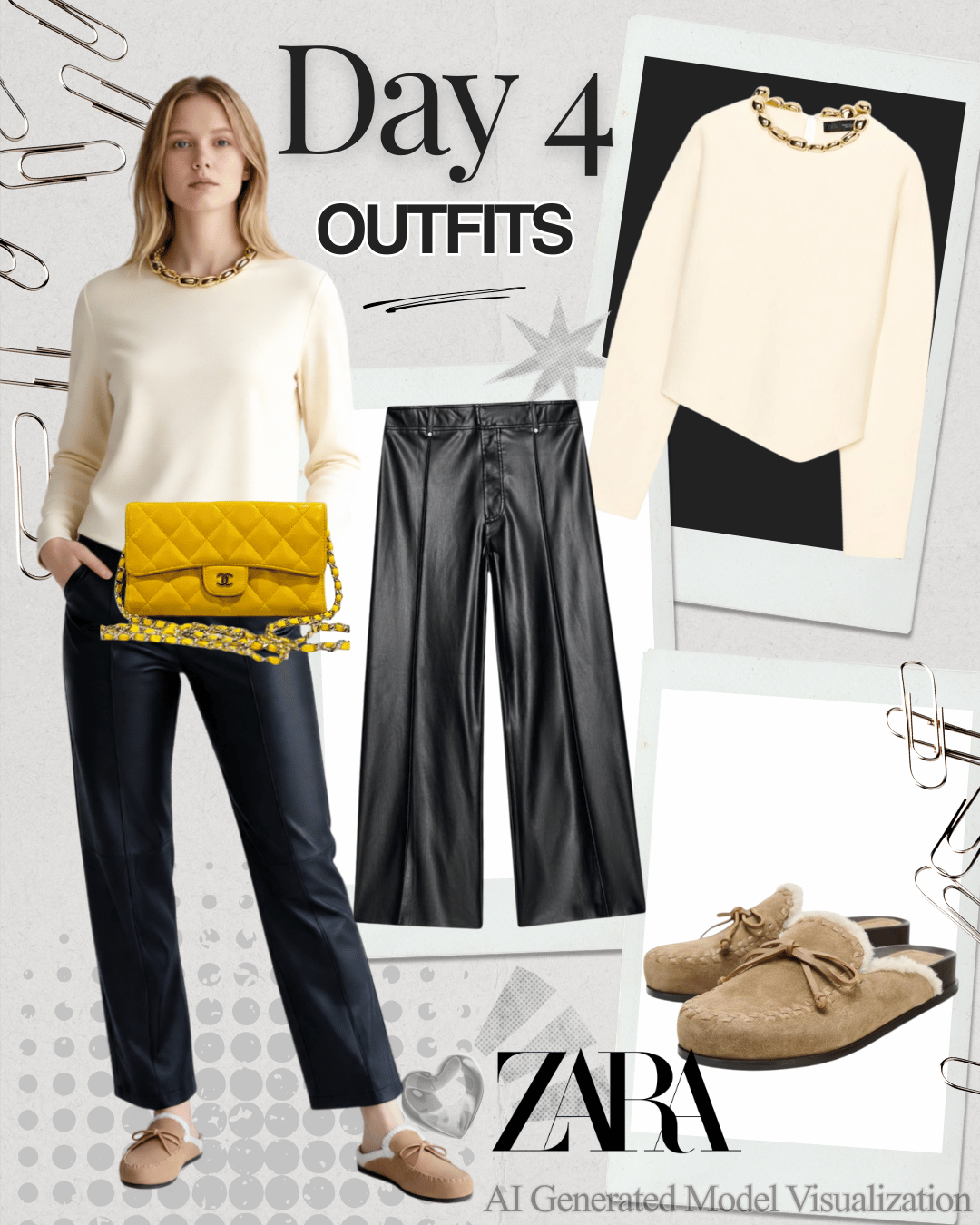 Fashion collage featuring a woman in a cream sweater, black leather pants, beige slippers, a yellow quilted Chanel bag, and a gold chain necklace. Additional outfits include a cream top and black pants, and a pair of beige slippers. The collage is labeled "Day 4 Outfits" and includes the Zara logo.
