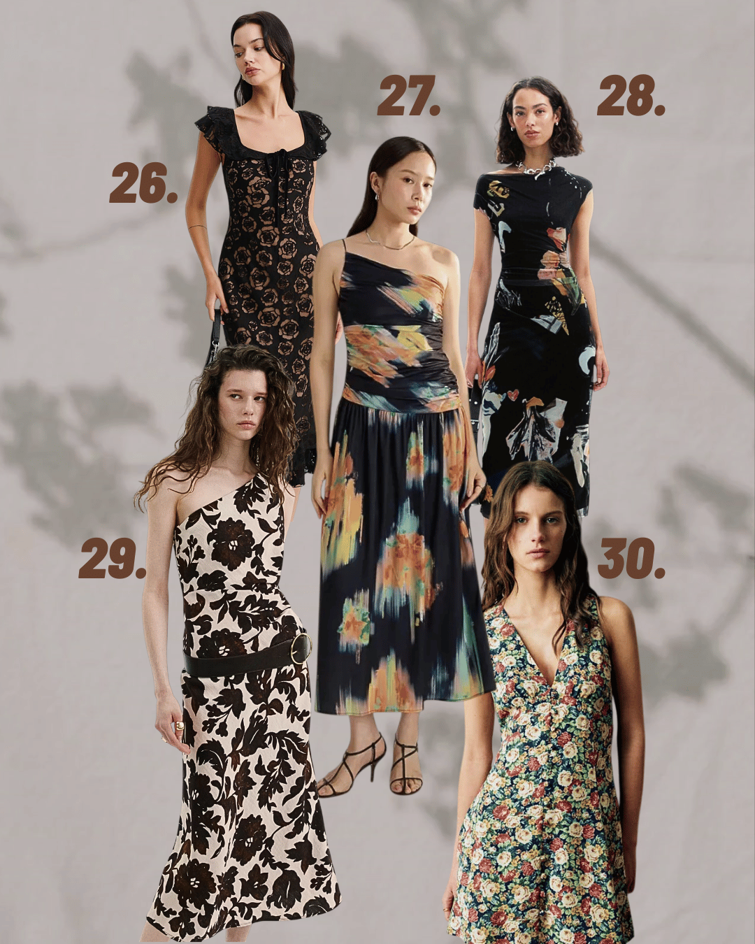 Five women wearing different floral and patterned dresses, numbered 26 to 30, arranged in two rows with shadowy background.