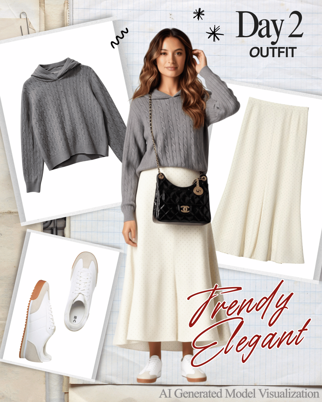 A fashion collage featuring a woman wearing a gray cable knit sweater with a hood, a white polka dot skirt, white sneakers, and a black Chanel purse. Additional images include a gray hoodie, a beige polka dot skirt, and white sneakers. The collage has handwritten-style text reading "Day 2 Outfit" and "Trendy Elegant." The background has a layered paper and notebook notebook theme.