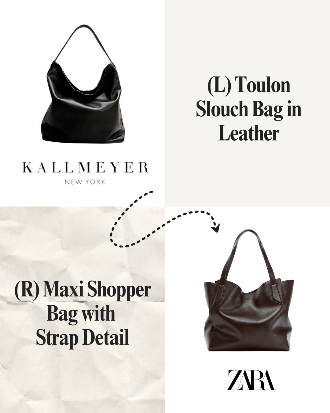 Comparison of two black leather handbags, a Kallmeyer Touln slouch bag on the left and a Zara maxi shopper bag with strap on the right, with descriptive text and branding.