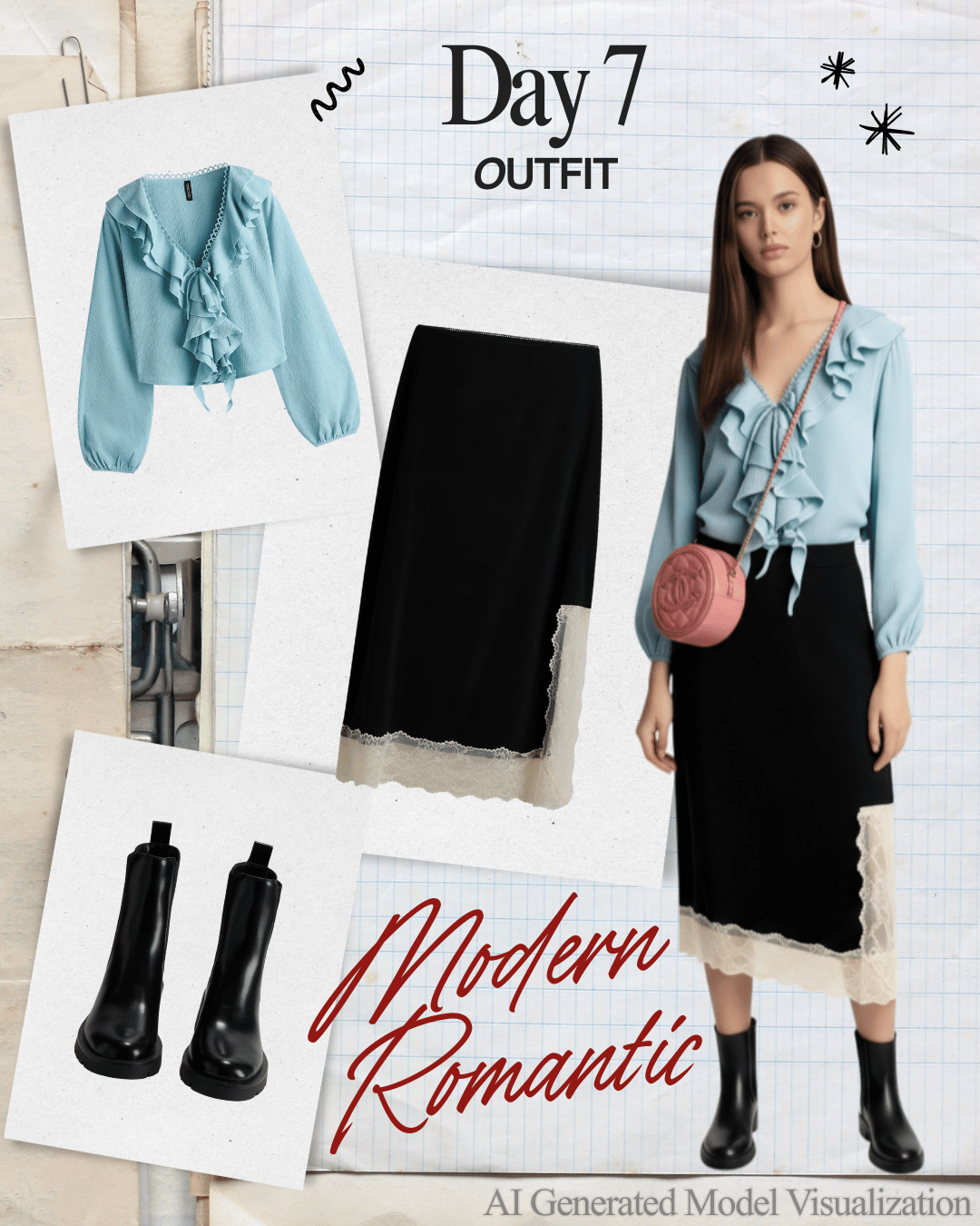 A collage showcasing a fashion outfit for Day 7 with a modern romantic style, including a light blue ruffled blouse with tie detail, a black skirt with lace hem, black ankle boots, and a pink round handbag worn by a female model.