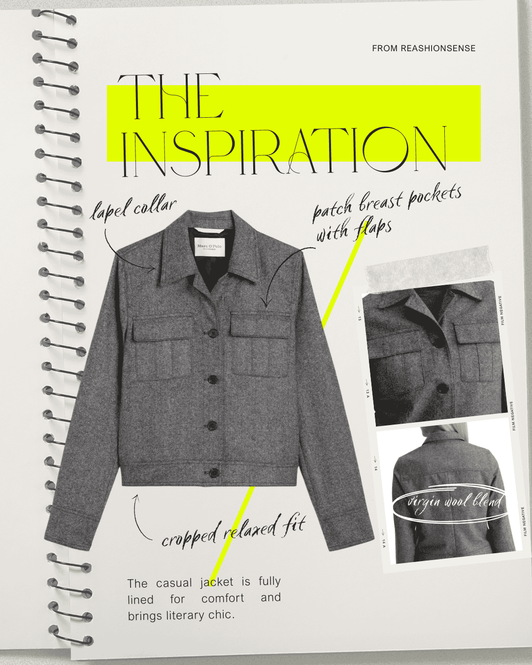 A page displaying a gray casual jacket with handwritten annotations highlighting features such as lapel collar, patch breast pockets with flaps, and cropped relaxed fit. The page includes images of the jacket and notes about the fabric, labeled as Virgin wool blend, and a headline titled 'The Inspiration' on a bright yellow background.