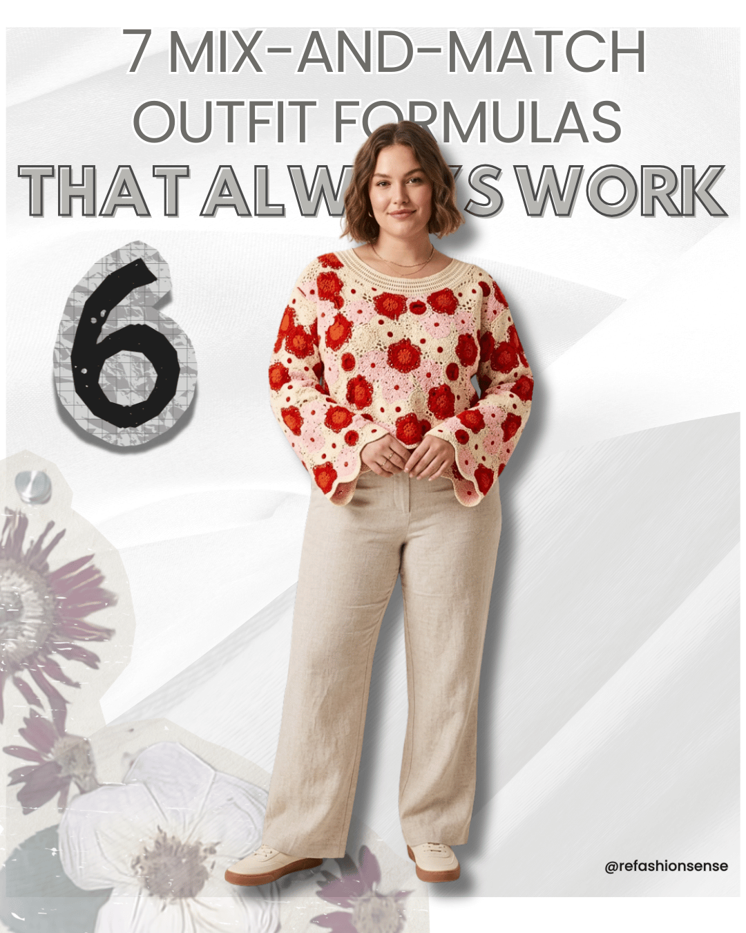 A woman in beige wide-leg pants and a floral sweater standing in front of a white background with text about mix-and-match outfit formulas, and a large number six on her left. The image includes decorative flowers and abstract elements.
