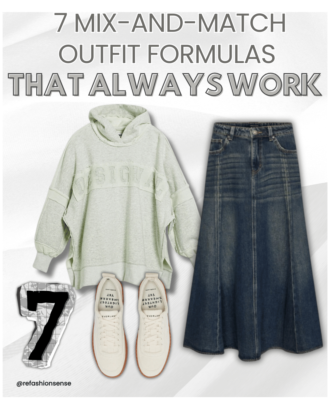 Casual outfit featuring a light gray hoodie, a long denim maxi skirt, and a pair of white sneakers with text on the tongue, along with a large decorative number 7 and a social media handle.