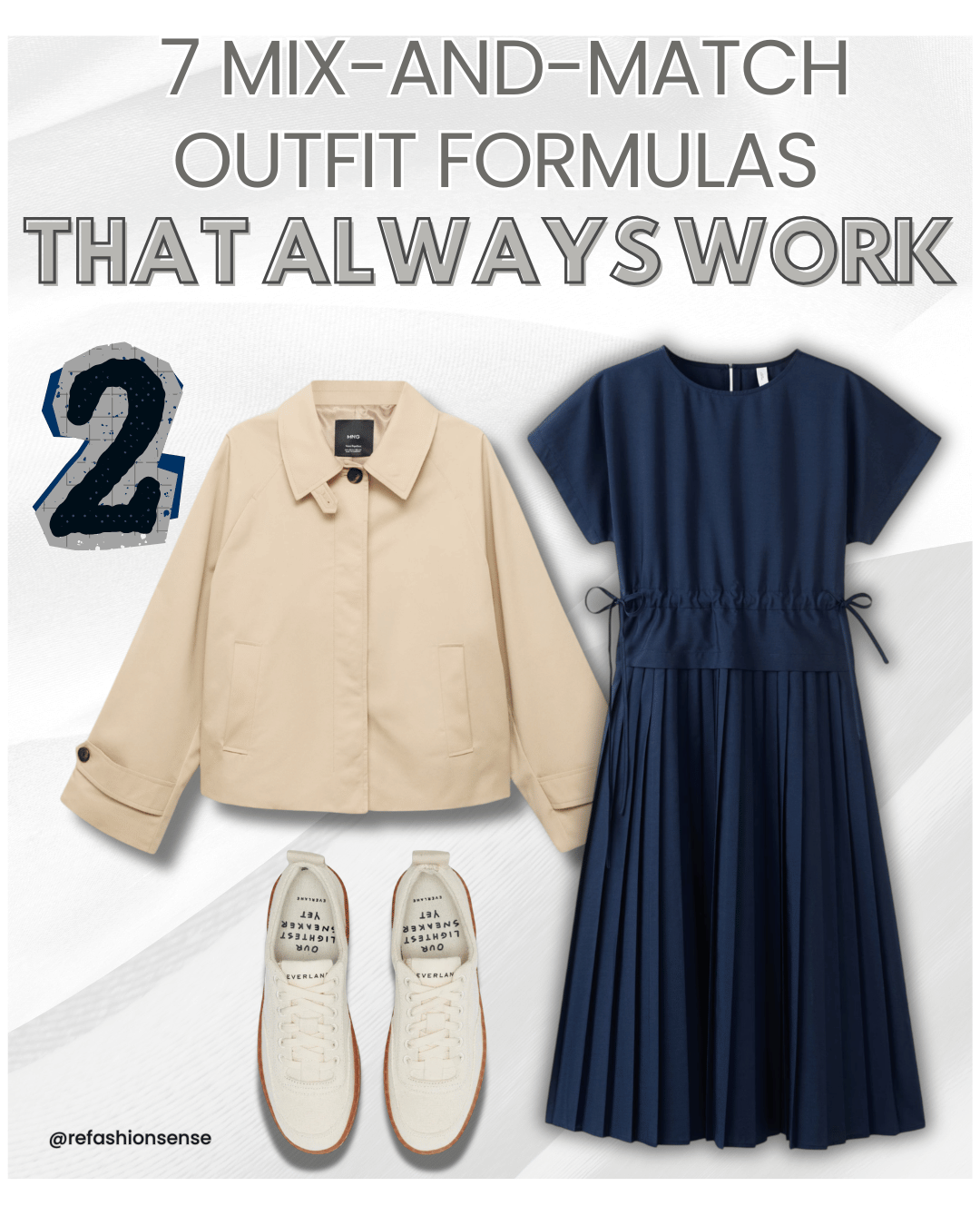Fashion outfit with a beige jacket, navy blue pleated dress, white sneakers, and text promoting mix-and-match outfit formulas.