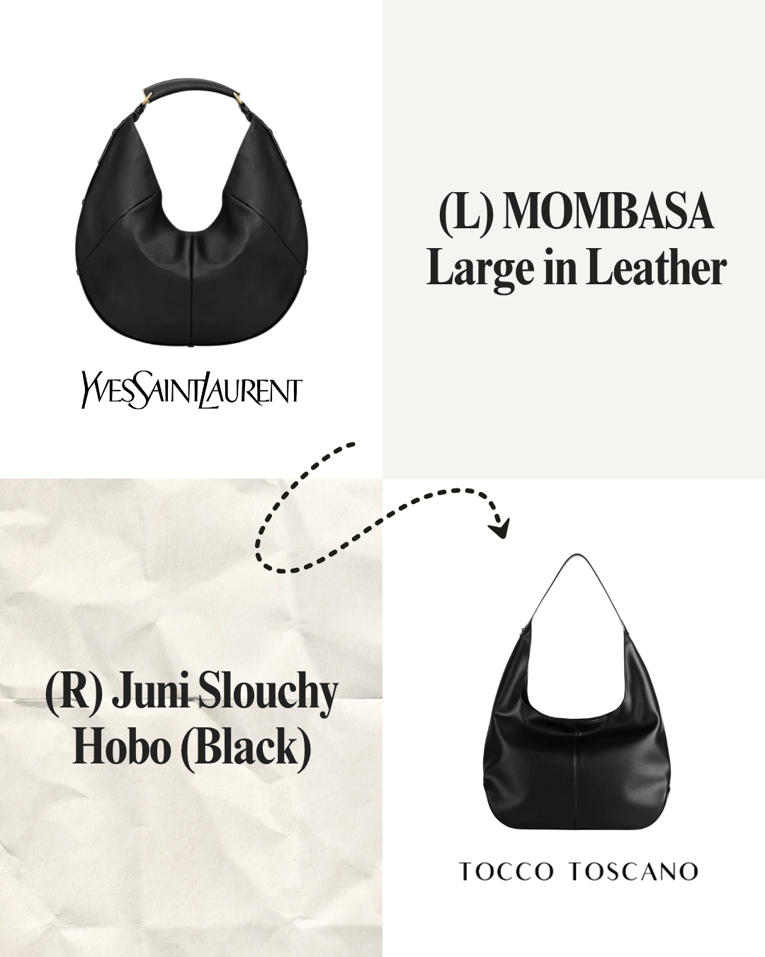 Image showing two black leather handbags, one from Yves Saint Laurent and the other from Tocco Toscano, with descriptive text and brand logos.