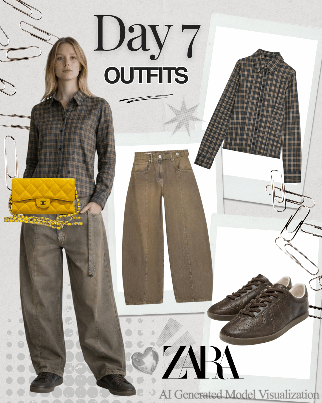 Fashion collage featuring a woman in plaid shirt and bag, with a pair of khaki wide-leg pants, an additional plaid shirt, brown sneakers, and a yellow Chanel purse, styled as day 7 outfits for Zara.