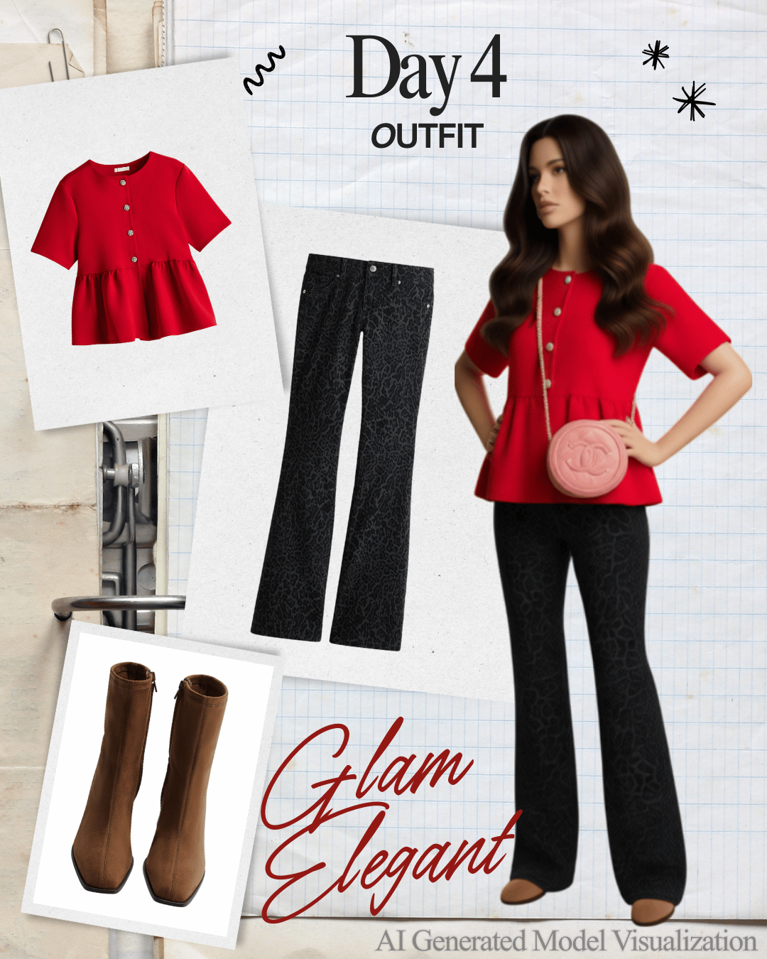 A digital fashion collage featuring a model wearing a red top, black patterned pants, and tan boots. The collage includes separate images of a red top with buttons, black patterned pants, and tan boots. Text reads 'Day 4 Outfit', 'Glam Elegant', and 'AI Generated Model Visualization' on a grid paper background.