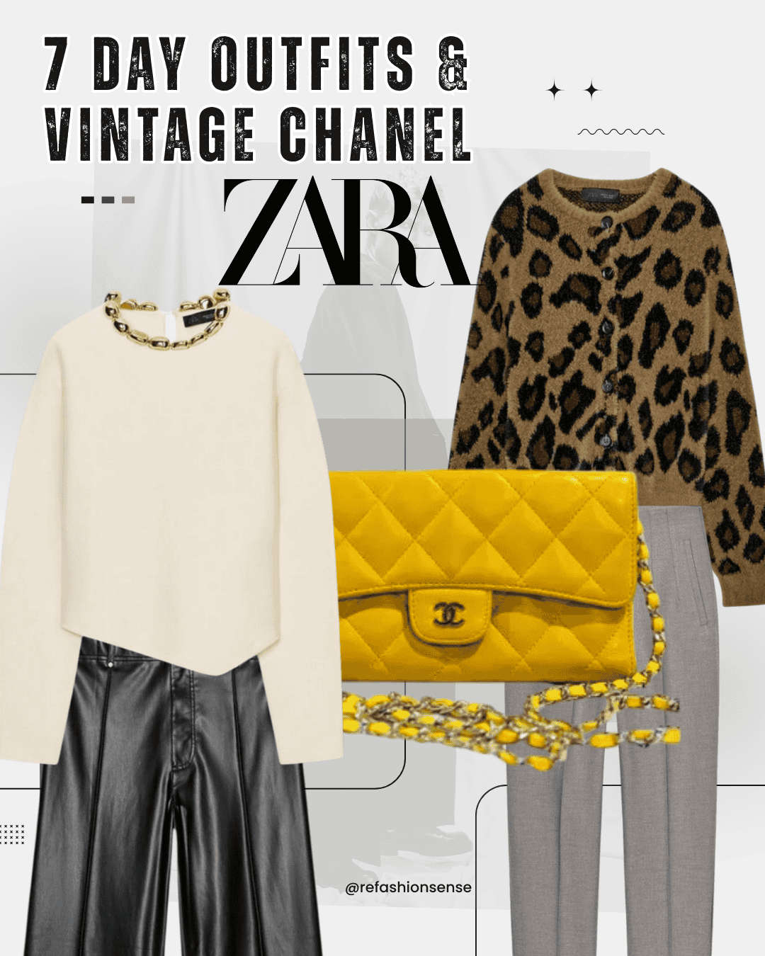 Collage of fashion items including a white cape, a leopard print cardigan, gray trousers, a yellow quilted Chanel purse, and a chunky gold chain necklace with black accents, showcasing 7-day outfit ideas with vintage Chanel and Zara style.