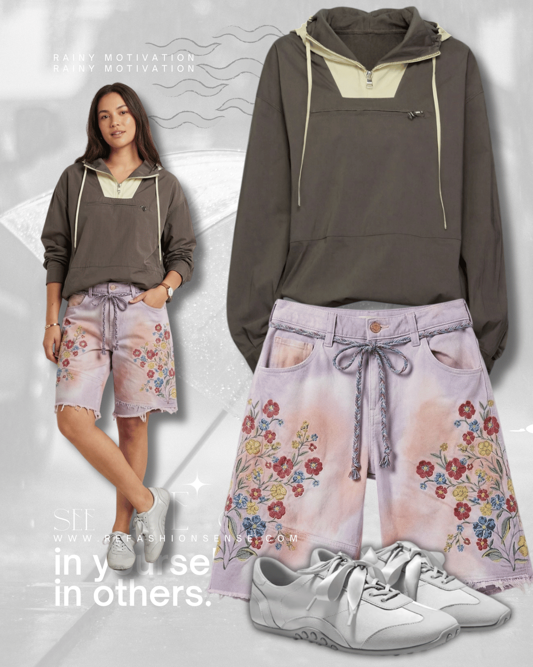 A woman wearing a dark gray rain jacket with a zippered pocket, pastel-colored embroidered shorts, white sneakers, and a watch, standing against a rainy-themed background with the text 'Rainy Motivation'.
