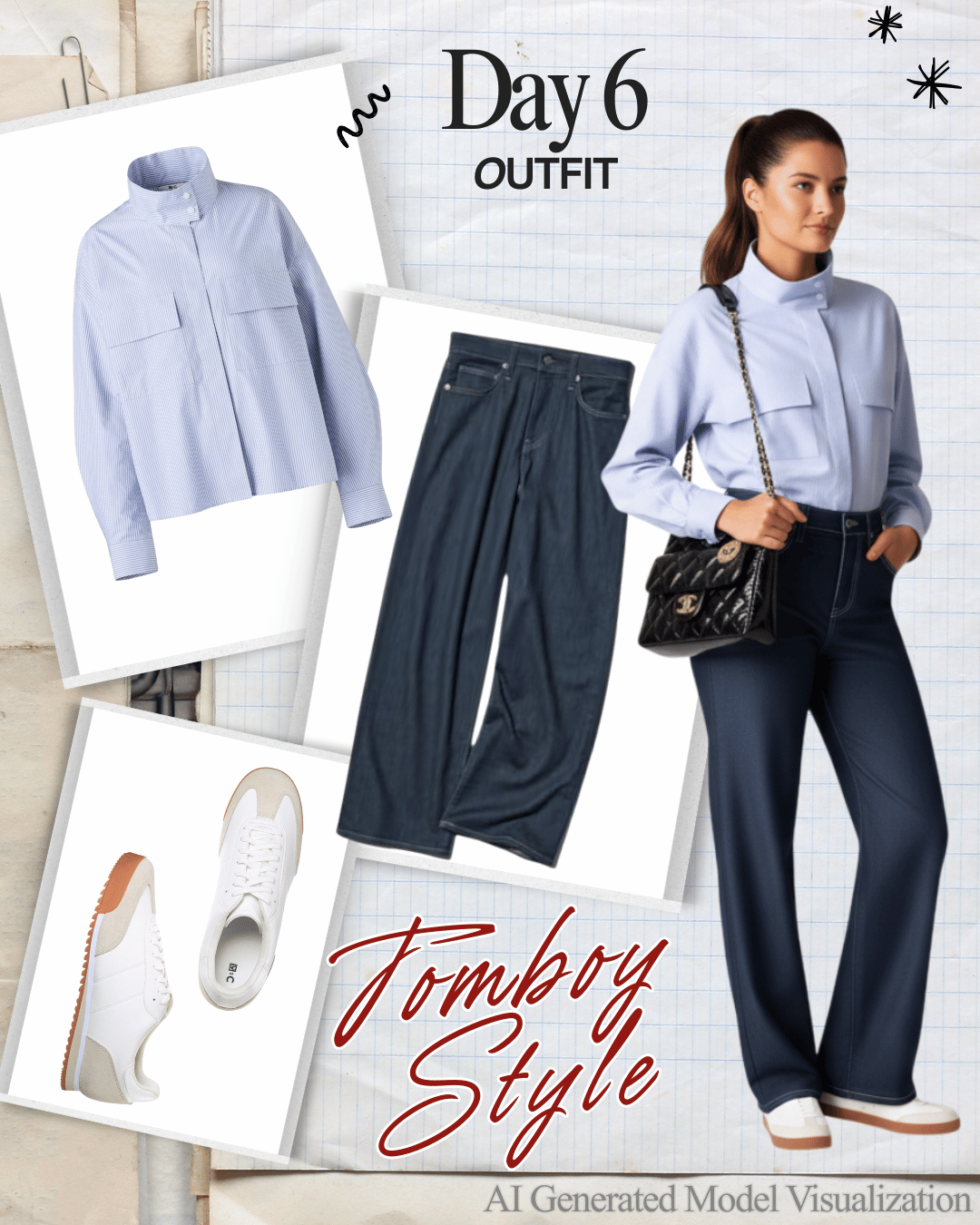 Fashion collage showcasing Day 6 outfit, consisting of a light blue button-up shirt, dark wide-leg jeans, white sneakers with beige accents, and a black shoulder bag with a chain strap, modeled by a woman.