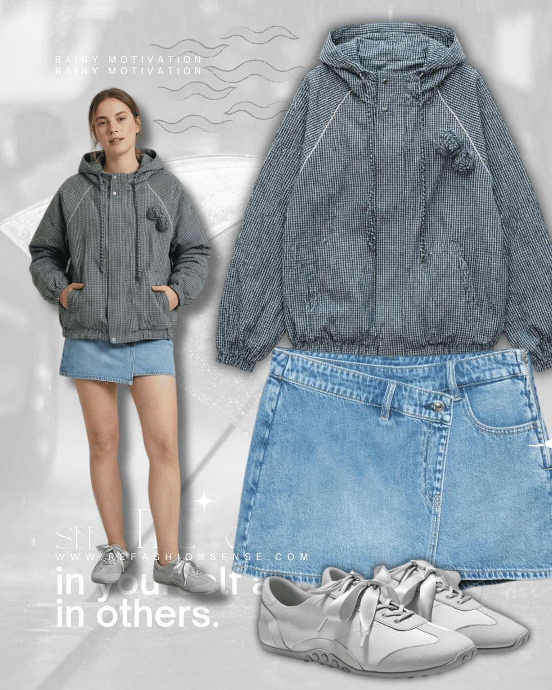 A woman wearing a grey checkered hooded jacket, denim skirt, and grey running shoes stands outdoors with rain clouds above. Next to her, a matching grey checkered jacket, a denim skirt, and a pair of white running shoes are laid out.
