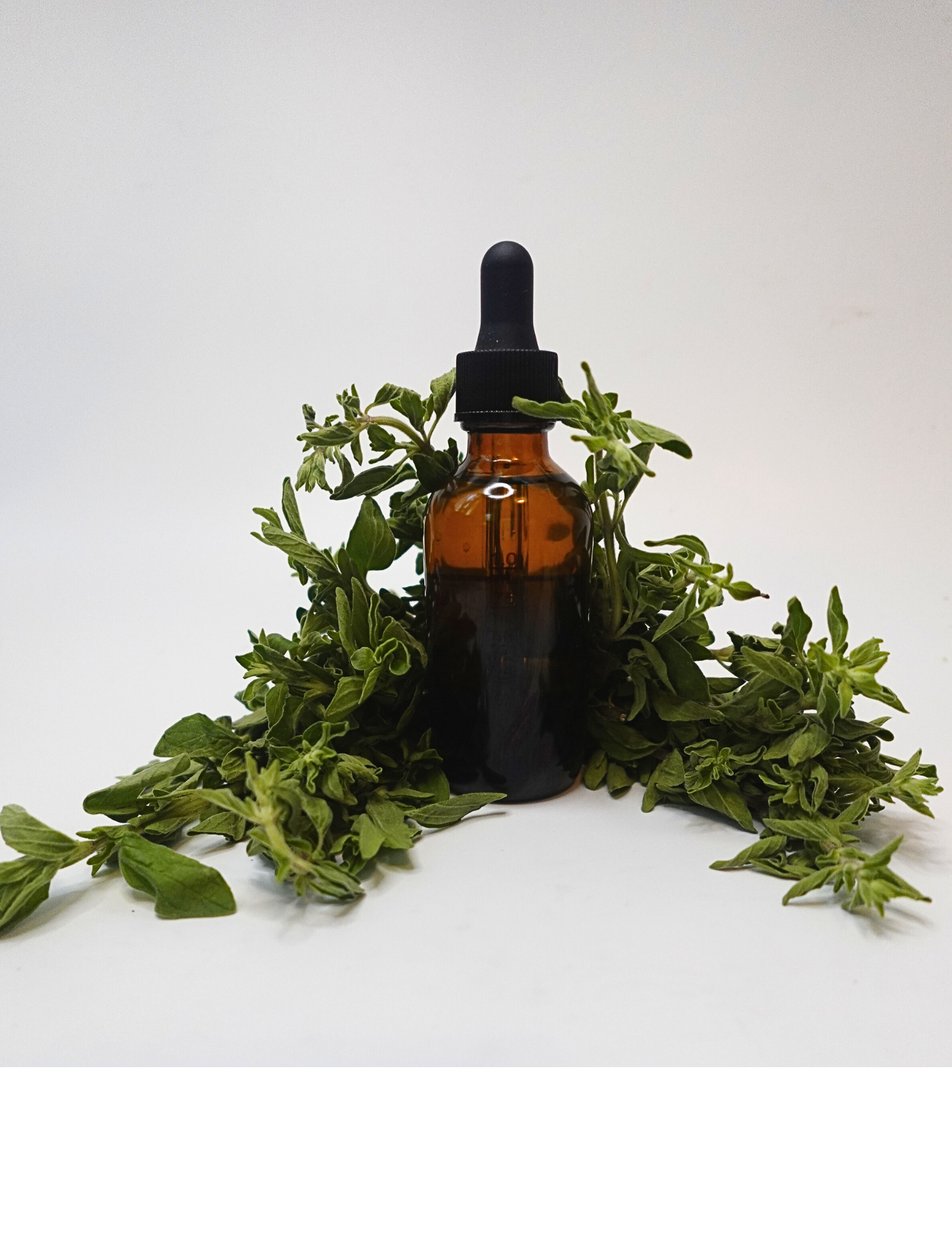 An amber glass dropper bottle surrounded by fresh green herbs on a white background.