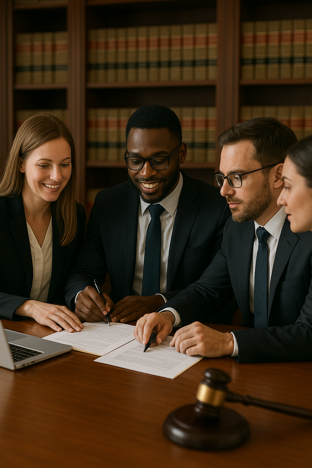 A group of four diverse professionals in formal attire sitting around a table in a law office, signing documents, with a gavel on the table and bookshelves in the background.