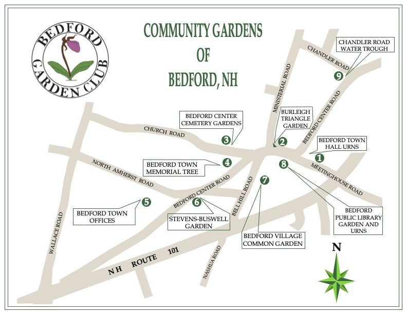 Map of Bedford, New Hampshire's community gardens, featuring locations like Bedford Center Cemetery Gardens, Burleigh Triangle Garden, Steven Buswell Garden, Bedford Town Offices, and Bedford Public Library Garden and Urns, with roads and a north compass.