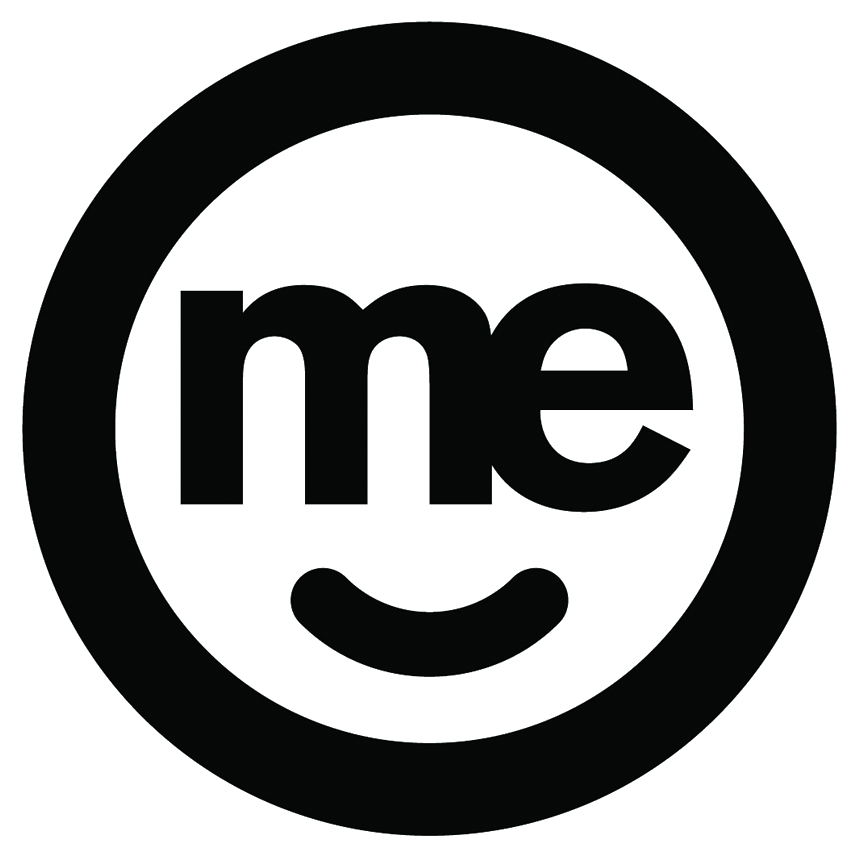 A black background with a white smiley face made of the letters 'me' and a curved line for the mouth.