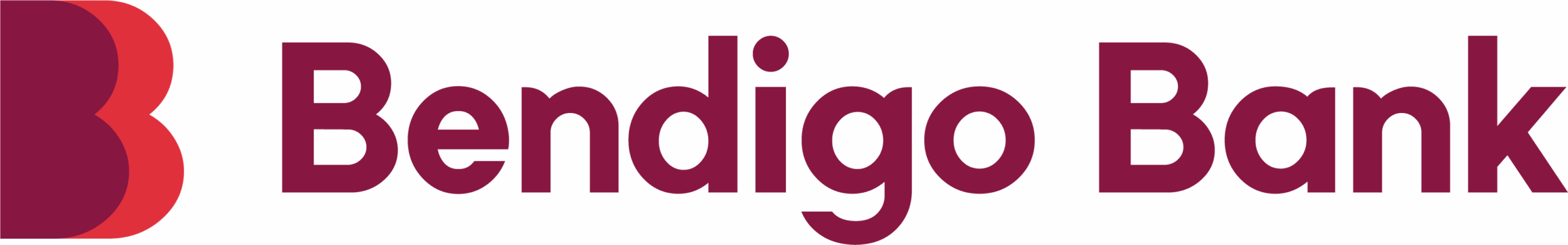 Logo of Bendigo Bank with a large red background and burgundy text.