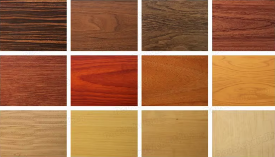 A collection of 12 wood samples in various shades and grains arranged in a 3x4 grid.