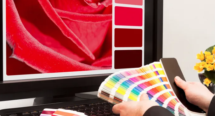 Person holding a color swatch book in front of a monitor displaying a red fabric sample and a color palette.