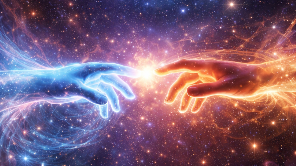 Artwork of two hands reaching towards each other in space, one glowing blue and the other glowing orange, with a bright burst of light between them, surrounded by stars and cosmic dust.