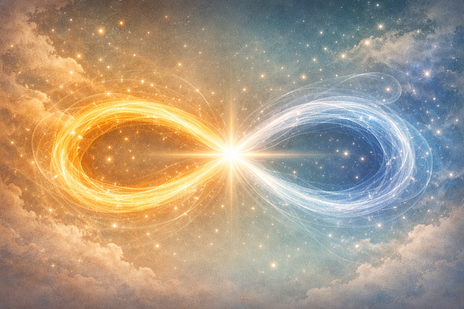 Digital illustration of two interlocking energy loops, one glowing orange and the other glowing blue, set against a starry sky with clouds.