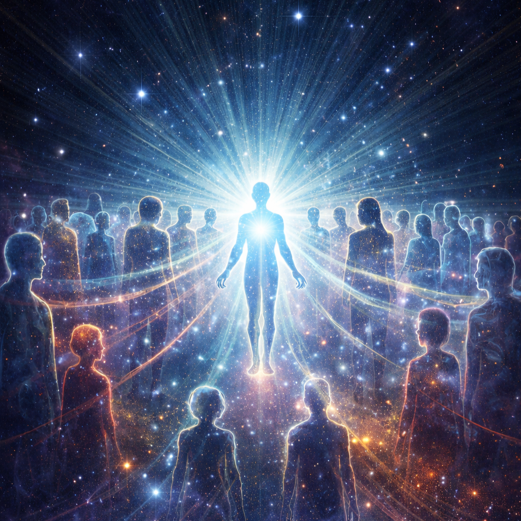 Futuristic digital artwork depicting numerous human outlines around a glowing central figure radiating light and energy, with a starry cosmic background.