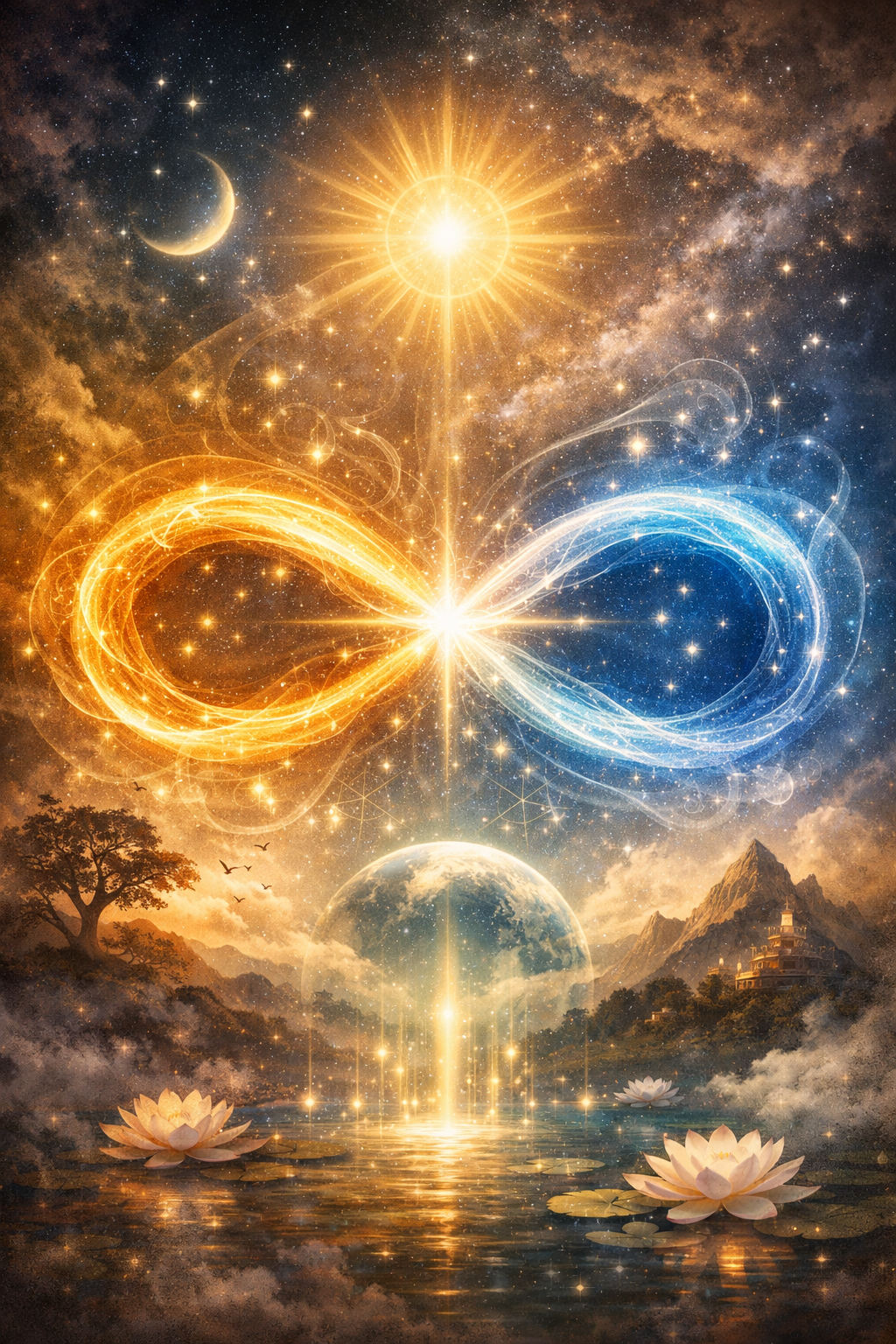 A mystical cosmic scene with a bright sun, crescent moon, sparkling stars, and infinite symbols in blue and orange, set above a surreal landscape with water, trees, mountains, and lotus flowers.