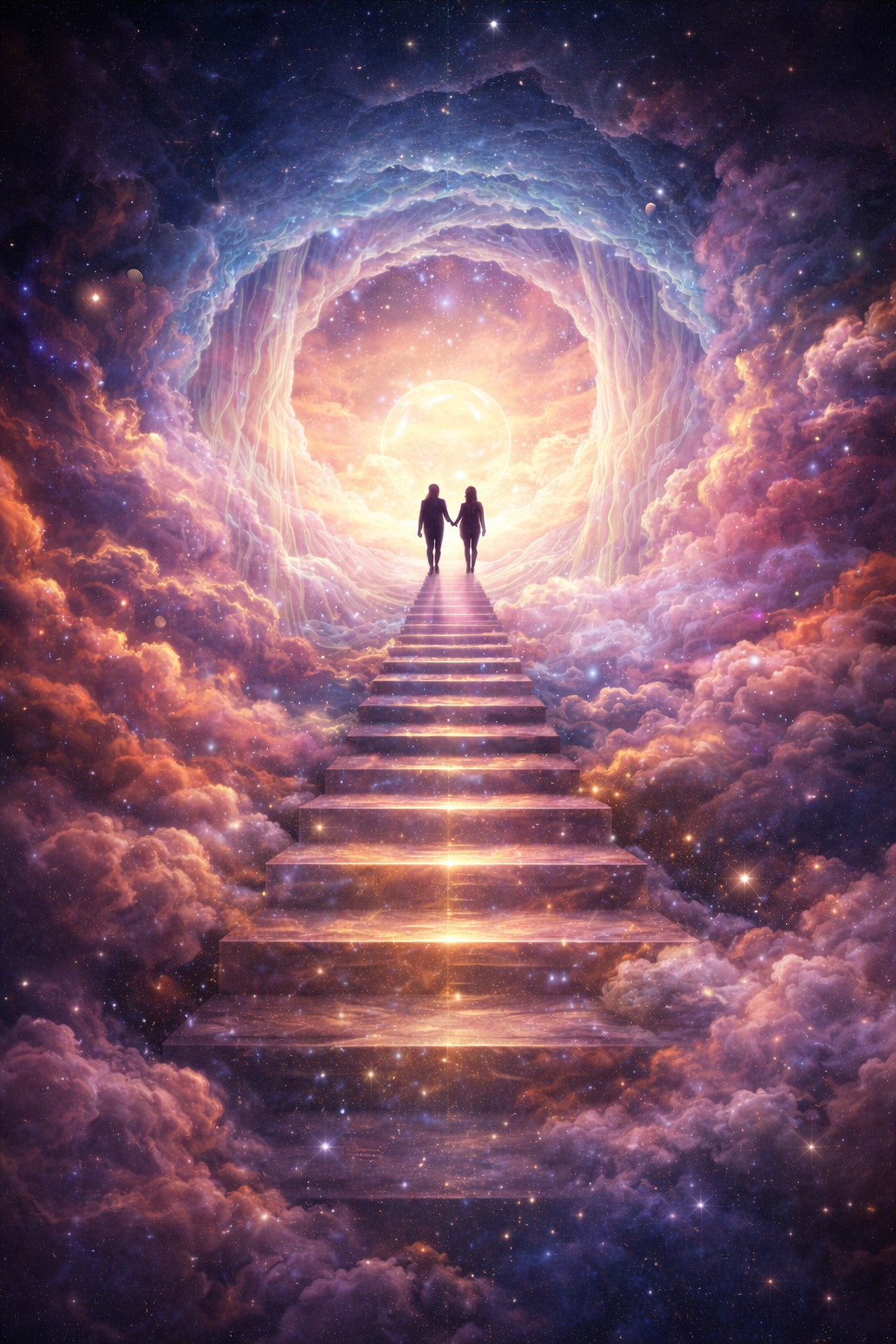 Two silhouetted figures holding hands walk up a glowing staircase through clouds in a cosmic space scene toward a bright, glowing orb surrounded by colorful nebulae and star-filled sky.