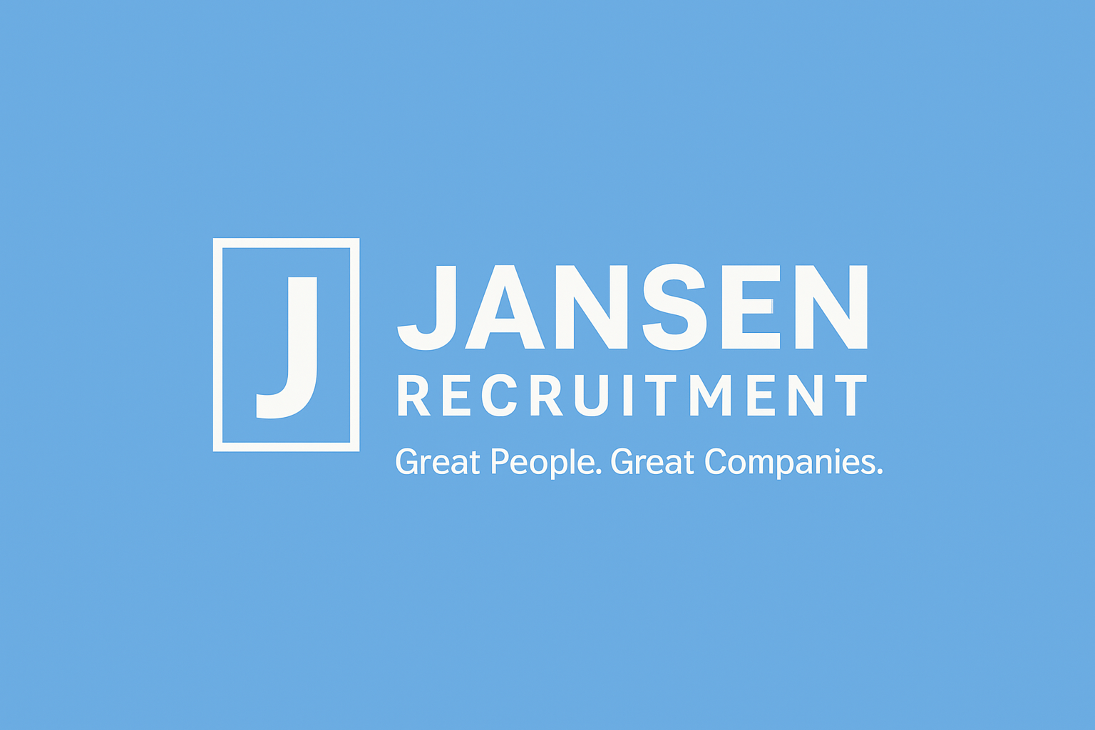 Blue background with white text and logo for Jansen Recruitment, featuring the slogan "Great People. Great Companies."