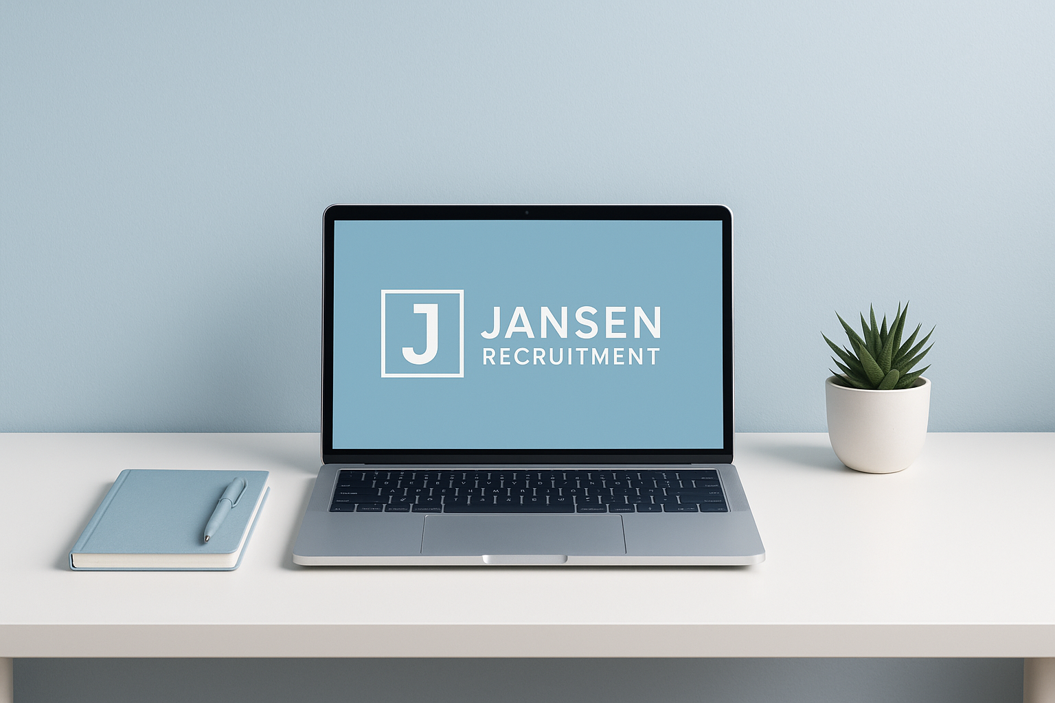 A laptop on a desk displaying Jansen Recruitment logo, with a notebook and pen on the left and a potted plant on the right.