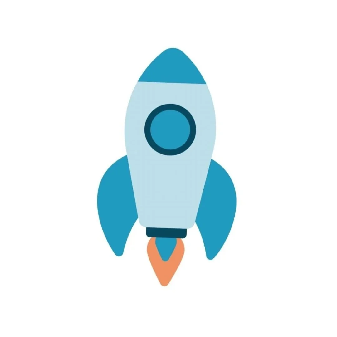 Stylized illustration of a rocket ship with blue fins and body, and a flame at the bottom.