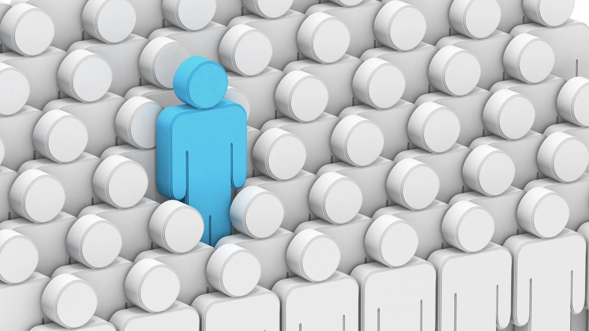 A 3D illustration of a group of white human figures, with one blue figure standing out among them.