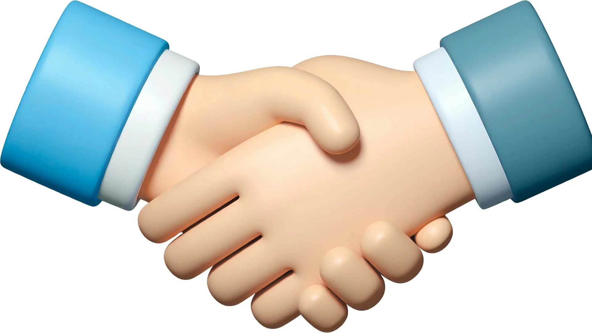 Cartoon image of two hands shaking, wearing long-sleeved shirts with cuffs in different shades of blue.