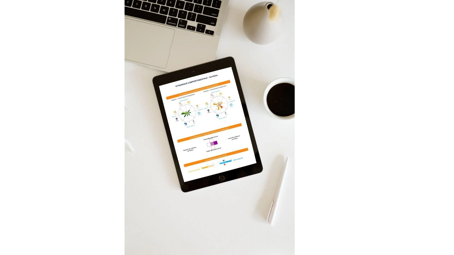A tablet displaying a presentation about behavioral dynamics on a white desk. Nearby, there is a laptop, a white ceramic mug filled with black coffee, a white pen, and a white decorative object shaped like a bird.