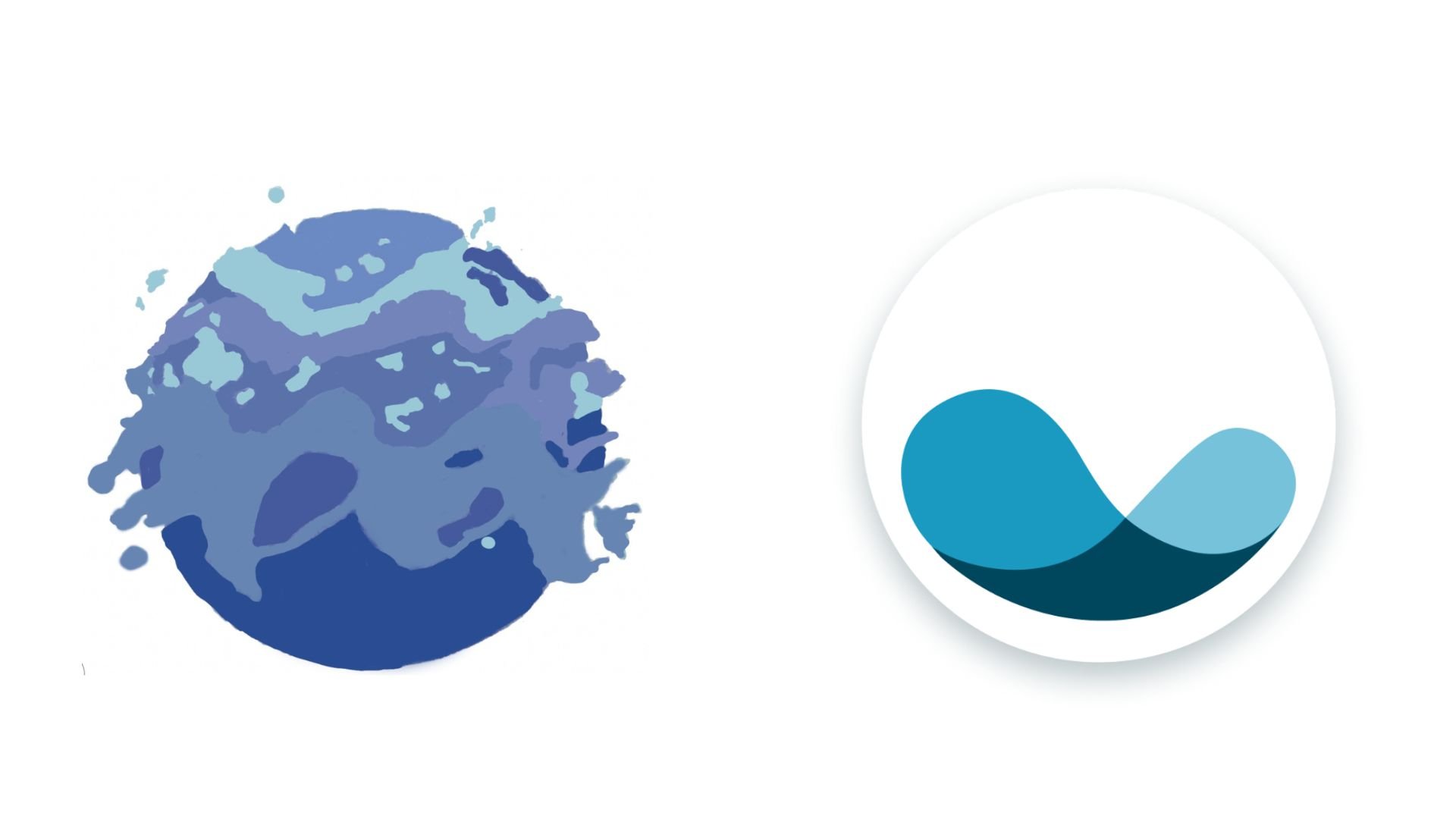 Abstract blue graphic with a rough, sponge-like shape on the left and a circular logo with layered wave shapes inside on the right.