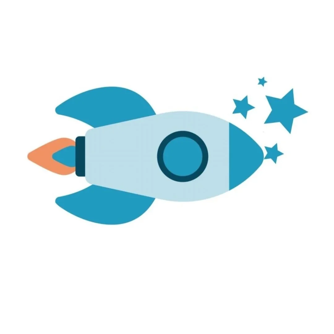 Illustration of a cartoon-style rocket ship with stars, in shades of blue and orange.