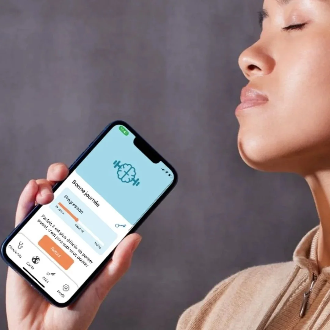 Person holding a smartphone displaying a health app with a weather icon and text in French, person's face calm with eyes closed.