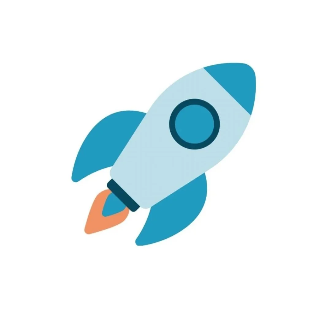 Digital illustration of a cartoon rocket ship with blue and gray colors, and orange flames at the bottom.
