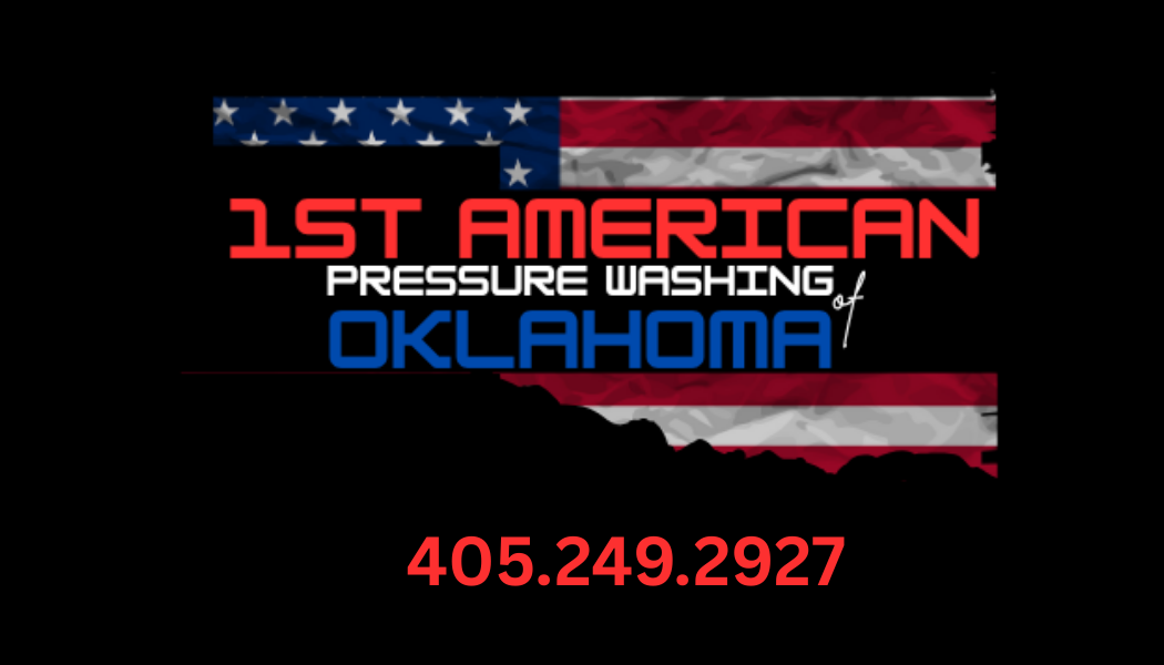 Logo for 1st American Pressure Washing of Oklahoma, featuring an outline of Oklahoma with an American flag pattern and the company's phone number 405.249.2927.