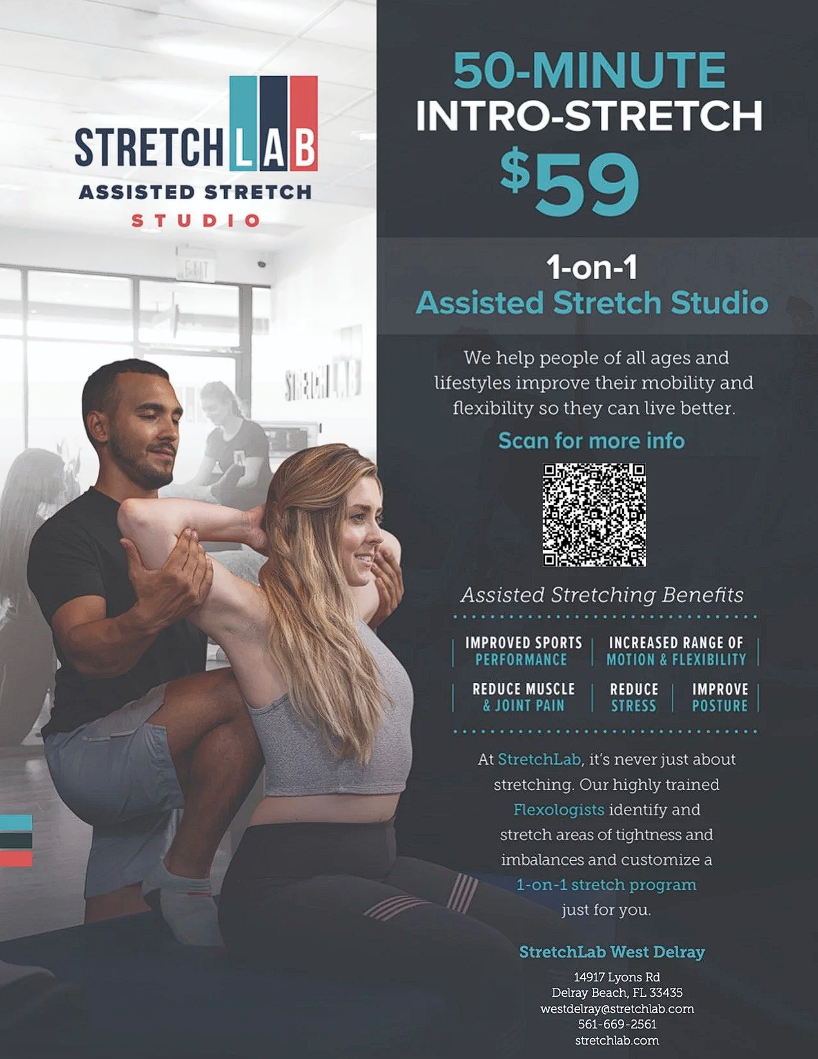 Advertisement for StretchLab, a one-on-one assisted stretch studio offering 50-minute intro-stretch sessions for $59. The ad highlights benefits like improved sports performance, increased range of motion and flexibility, reduced muscle and joint pain, reduced stress, and improved posture. Features an image of a woman receiving a stretch from a trainer in a fitness studio.
