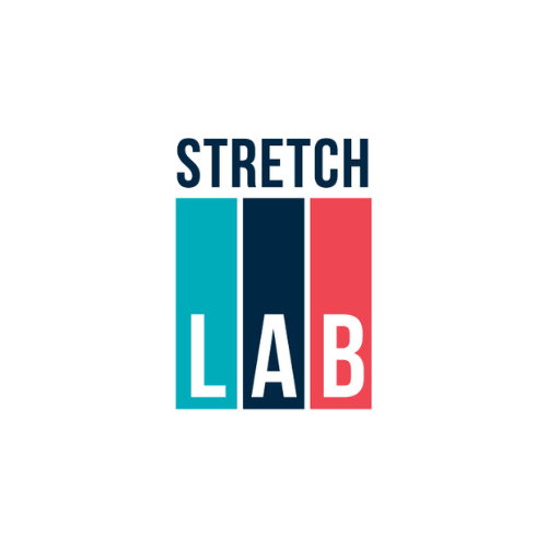 Logo with the words "Stretch Lab" above three vertical bars in teal, navy, and red, with the letters L, A, and B inside each bar.