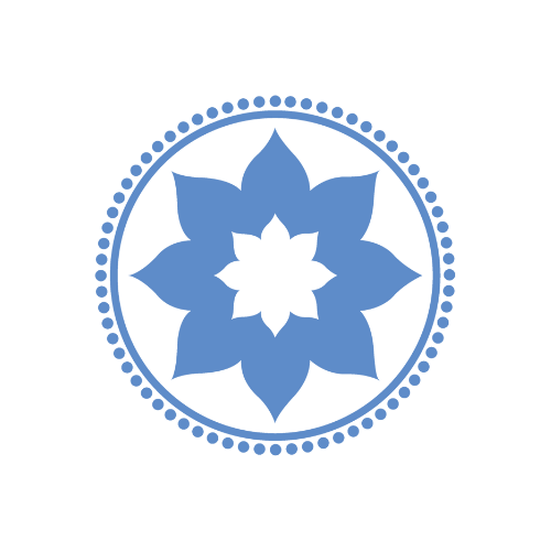 Blue floral mandala design with a central flower surrounded by a dotted circle on a black background.