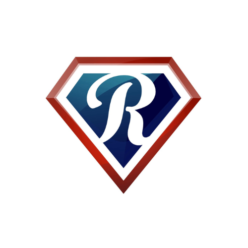 A stylized superhero shield logo featuring a prominent letter R in the center, resembling Superman's emblem, with a blue background and a red border.