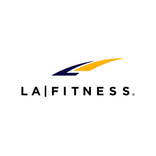 LA Fitness logo with black, blue, and yellow swoosh design on a white background.