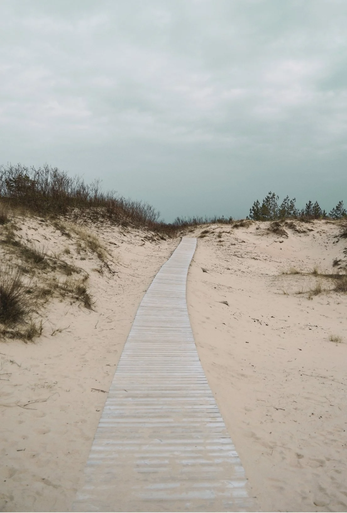 A sandy beach with a narrow wooden boardwalk leading towards a cloudy sky and distant trees.
