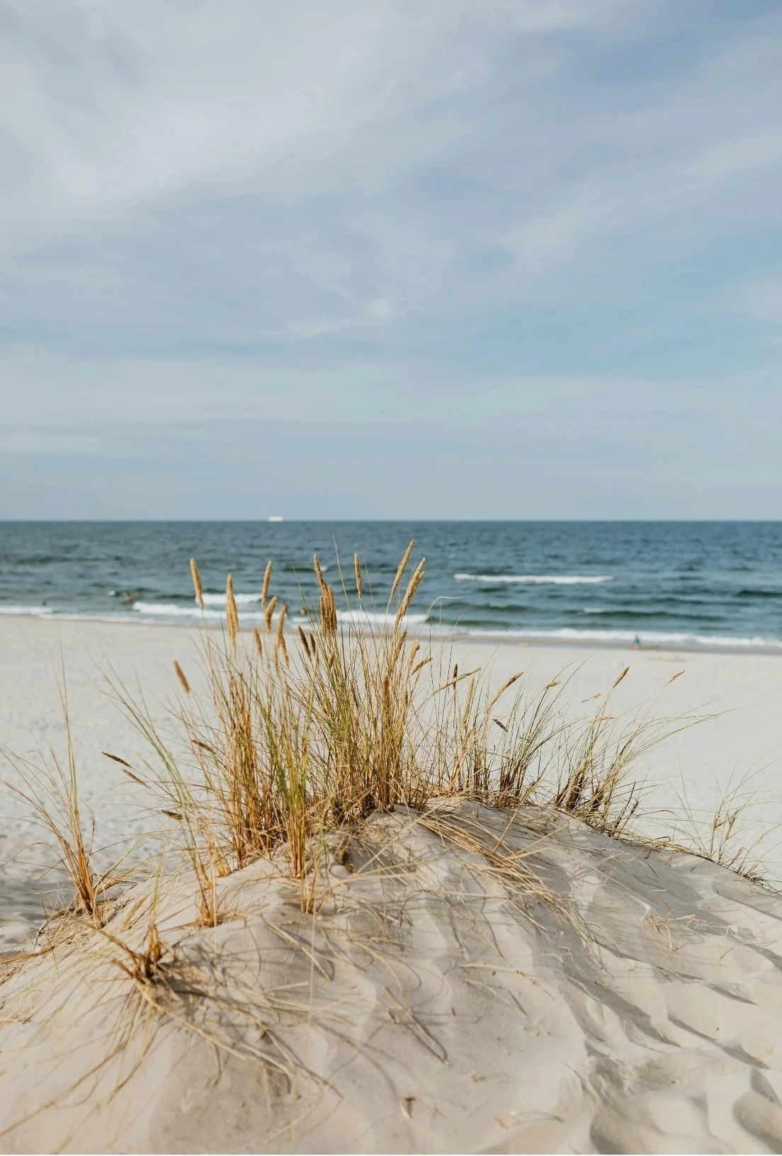 Sand dune with beach grass on a sandy shoreline, ocean waves, and a partly cloudy sky.